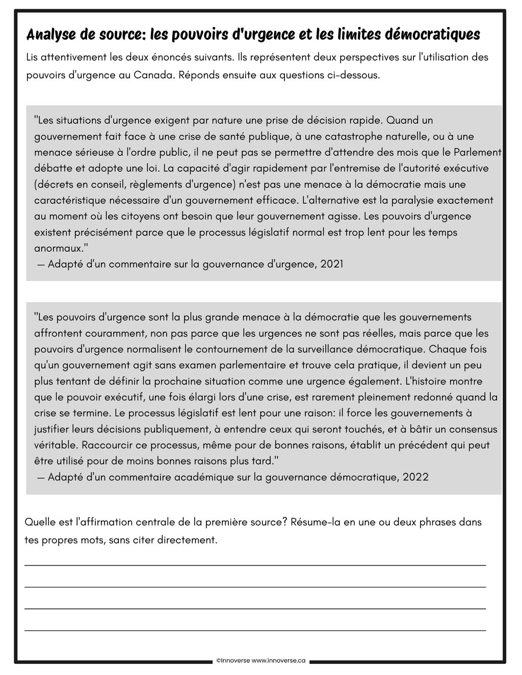 Grade 9 French Immersion Social Studies Systèmes - Complete Unit 268 Pages, Alberta NEW Program of Studies