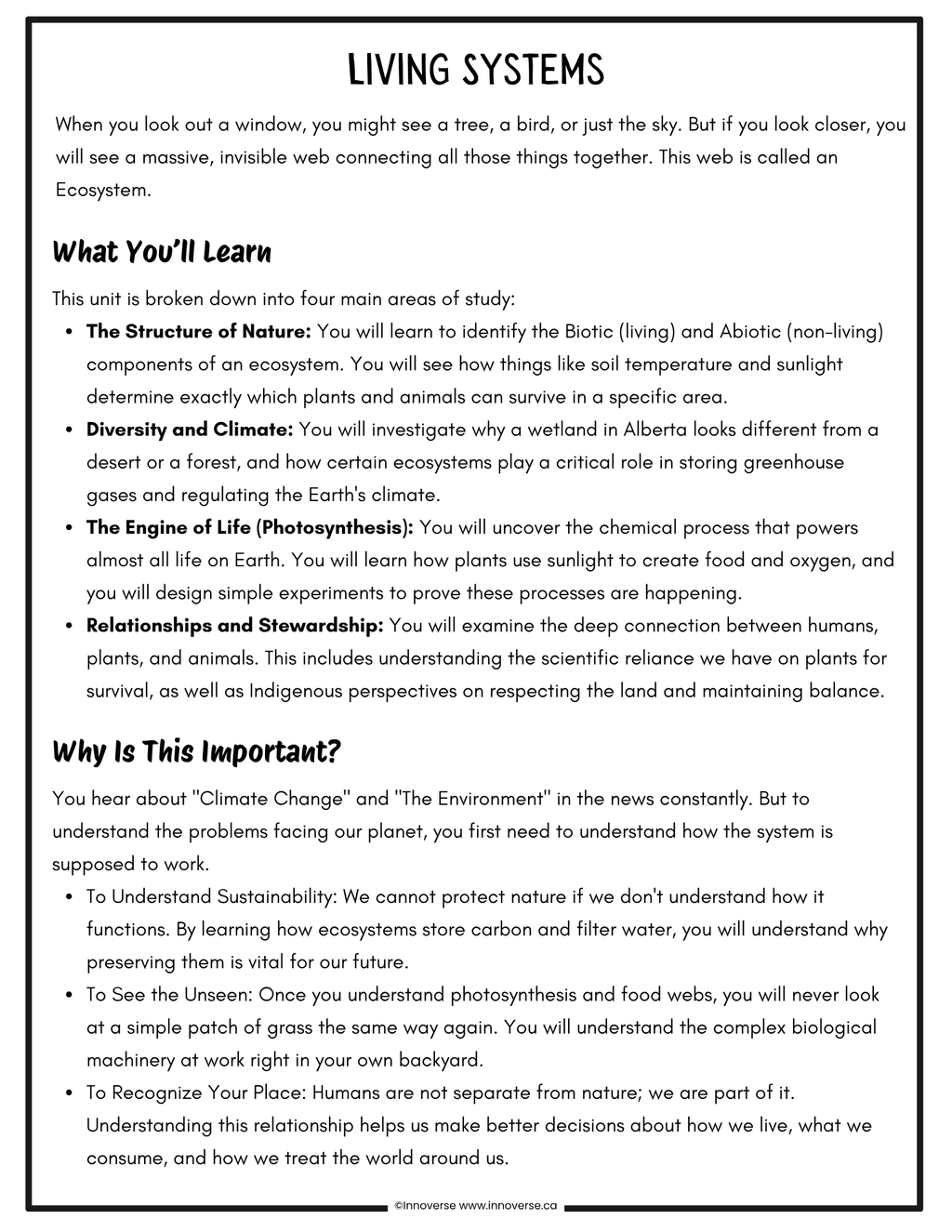 Grade 6 Science - Living Systems - New Alberta Curriculum - No Prep Unit Workbook