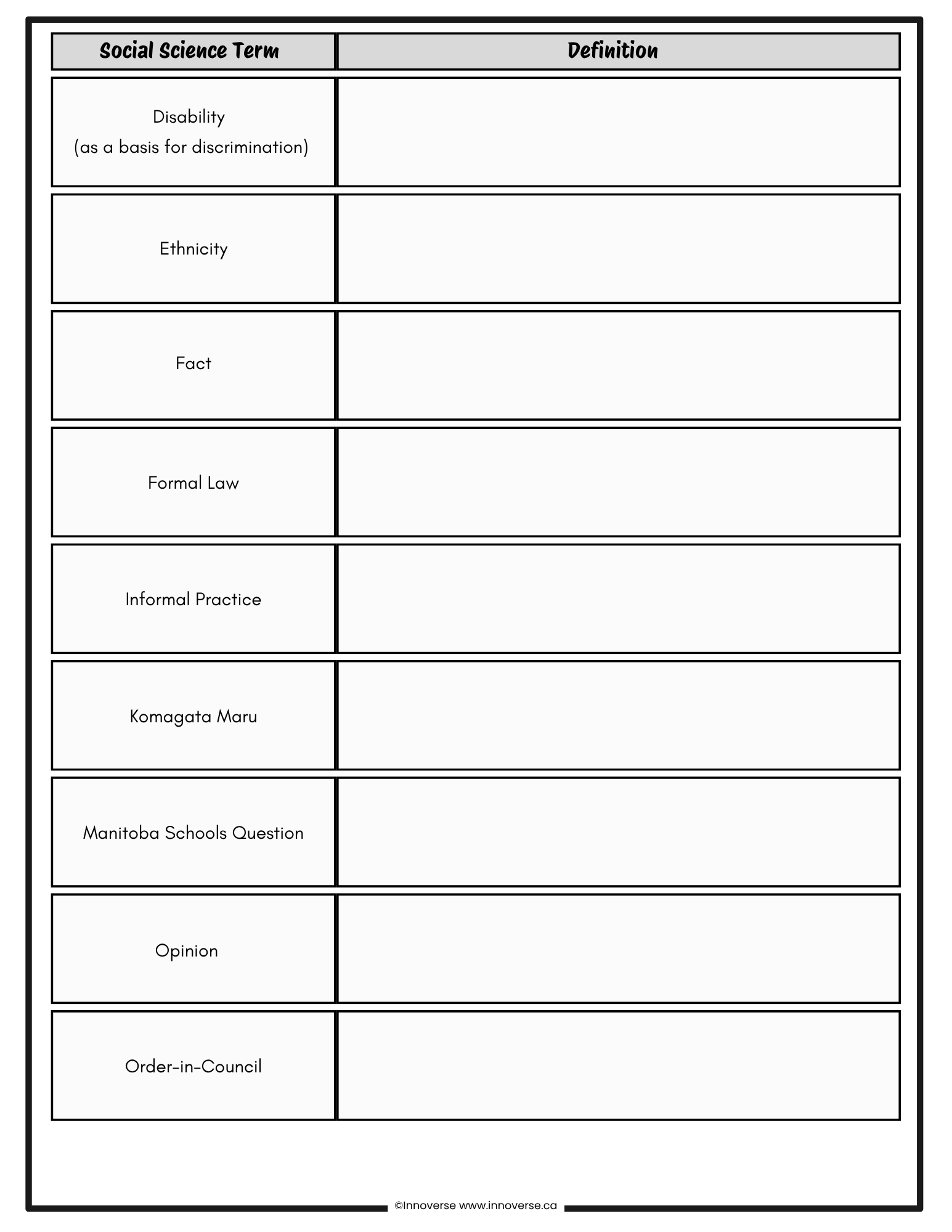 Grade 7 Social Studies FREE Vocabulary Booklet | Citizenship Unit