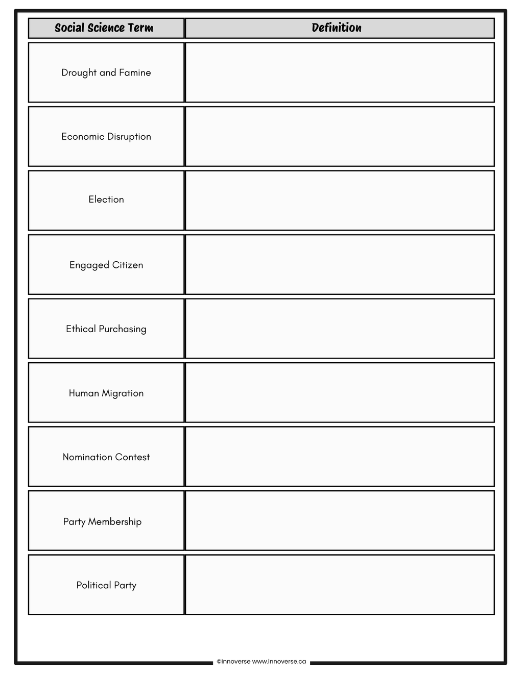 Grade 8 SS Citizenship Vocabulary List (FREE) — NEW Alberta Curriculum