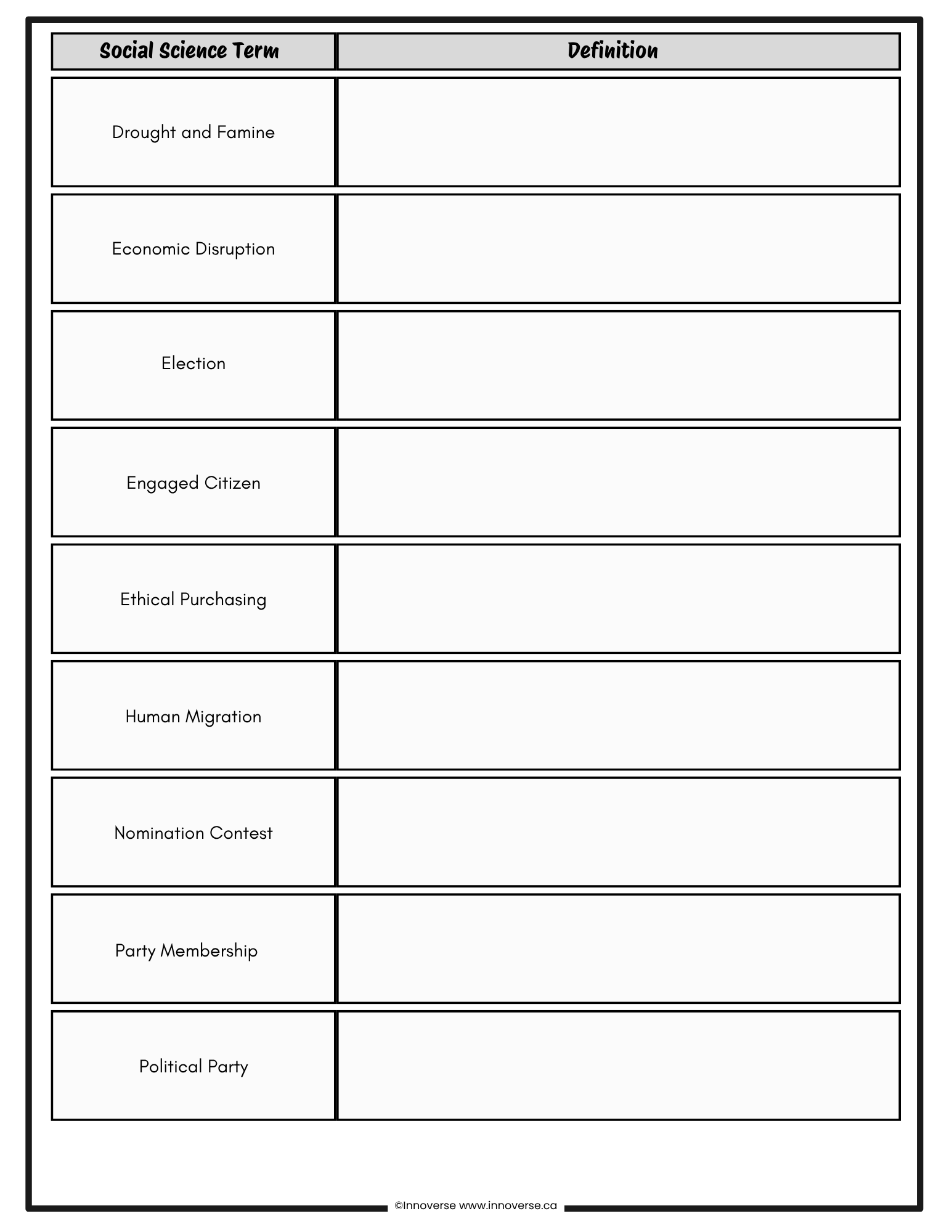 Grade 8 SS Citizenship Vocabulary List (FREE) — NEW Alberta Curriculum